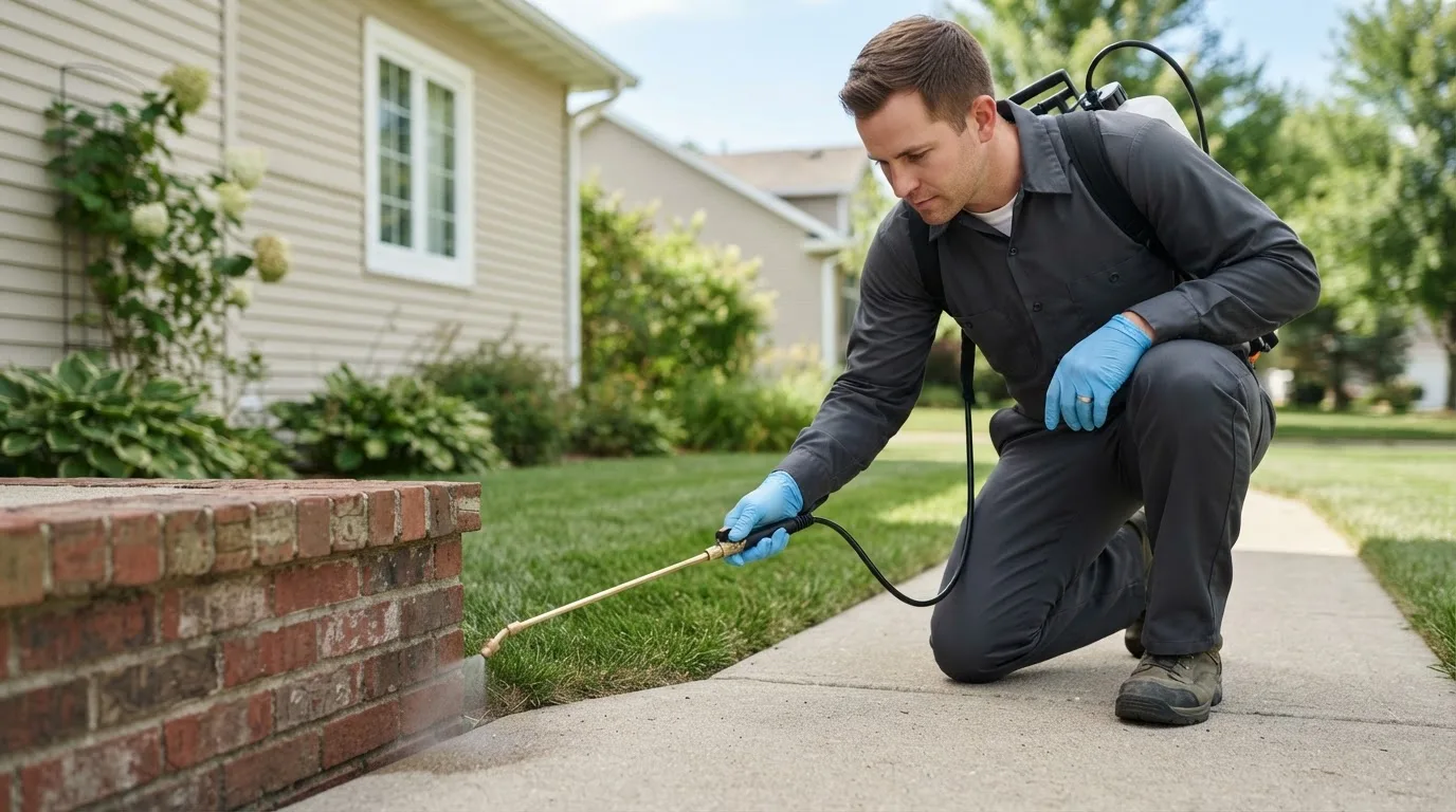 Pest control technician treating a home near Harrisburg, NE