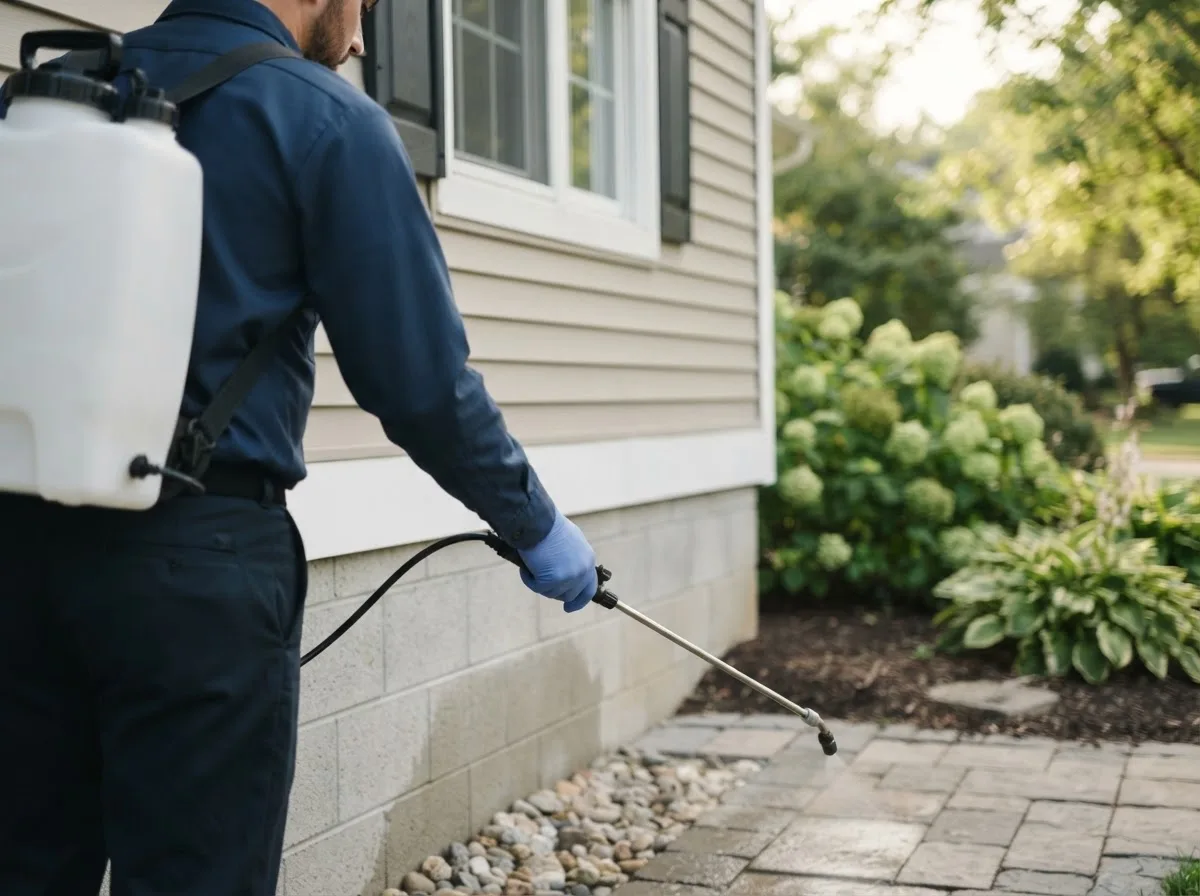 Pest control technician inspecting a home in Harrisburg, NE